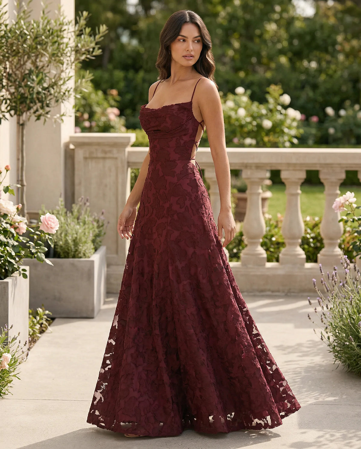 Women's floral maxi dress with square neckline, spaghetti straps and full floor-length skirt