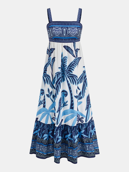 Women's blue tropical print tiered maxi dress with square neckline and spaghetti straps