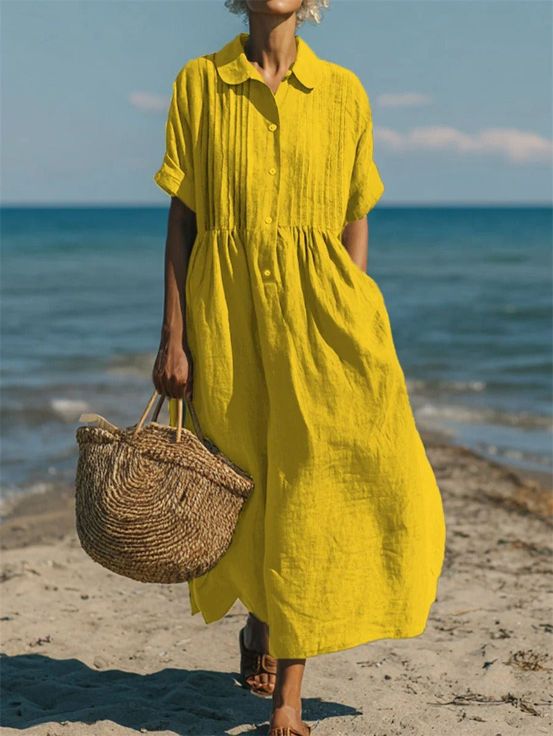 Women's collared button-front midi dress with short sleeves and side pockets