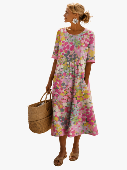 Women's floral midi dress with round neckline and short sleeves