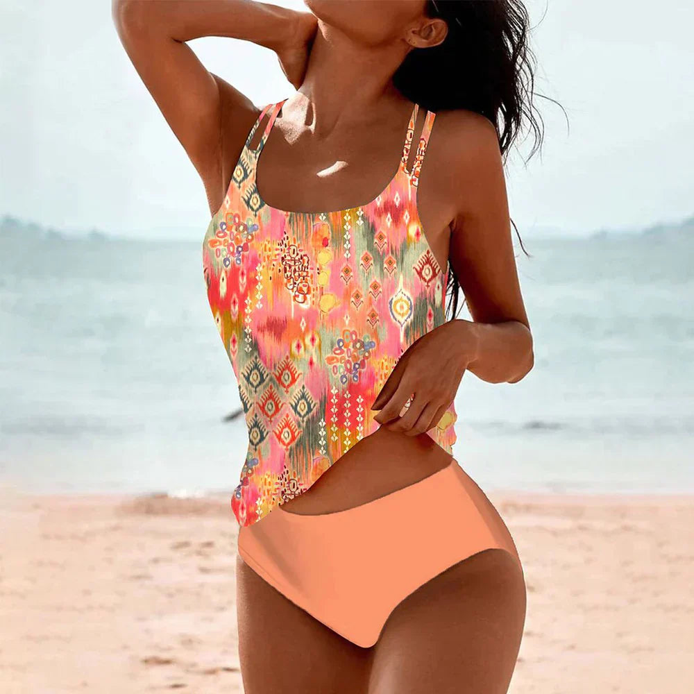 Women's printed tankini with scoop neckline, flowing top and high-waisted briefs