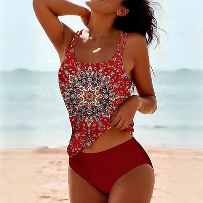 Women's printed tankini with scoop neckline, flowing top and high-waisted briefs