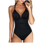 Women's ruched one-piece swimsuit with V-neckline and double shoulder straps