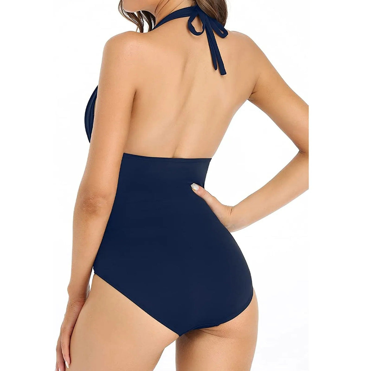 Women's ruched one-piece swimsuit with V-neckline and double shoulder straps
