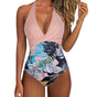 Women's V-neck one-piece swimsuit with halter straps and ruched waist
