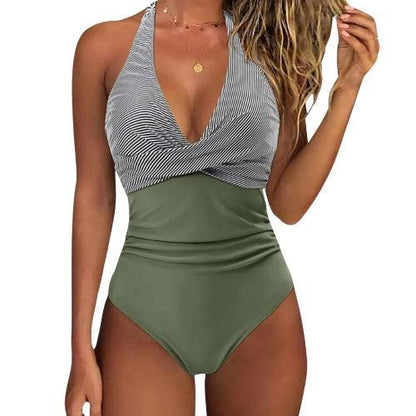 Women's V-neck one-piece swimsuit with halter straps and ruched waist
