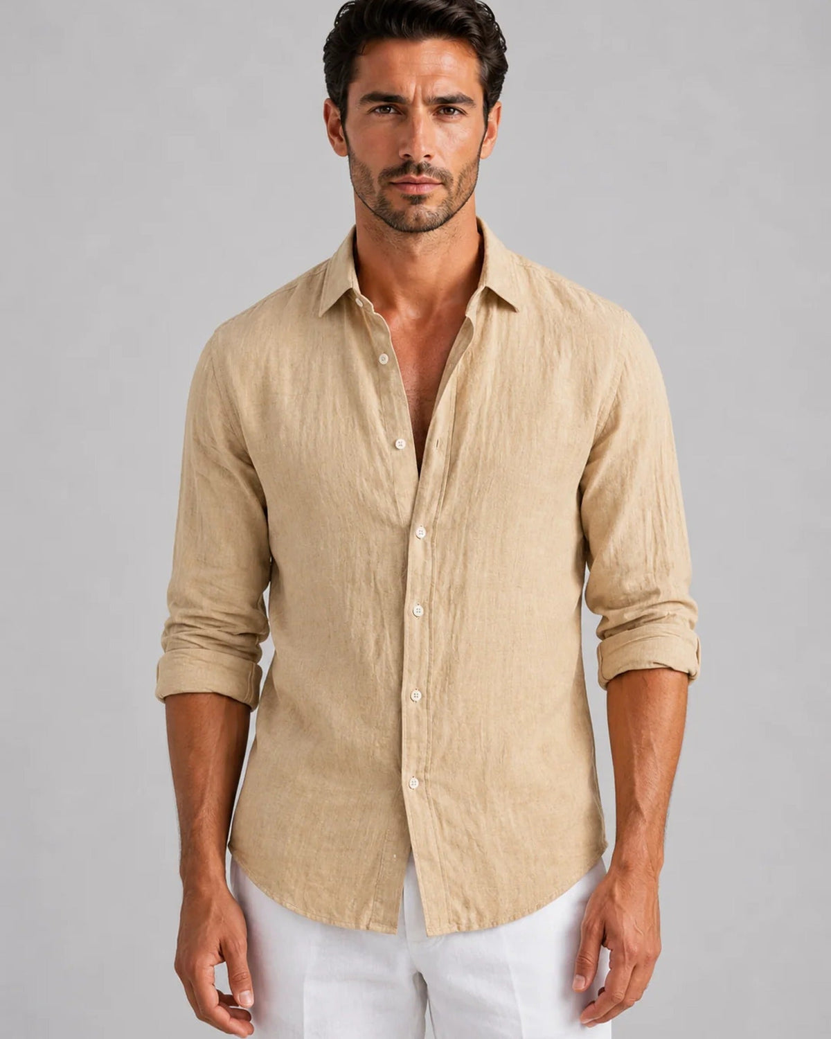 Men's long-sleeve collared shirt with button front and curved hem