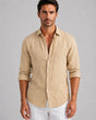 Men's long-sleeve collared shirt with button front and curved hem