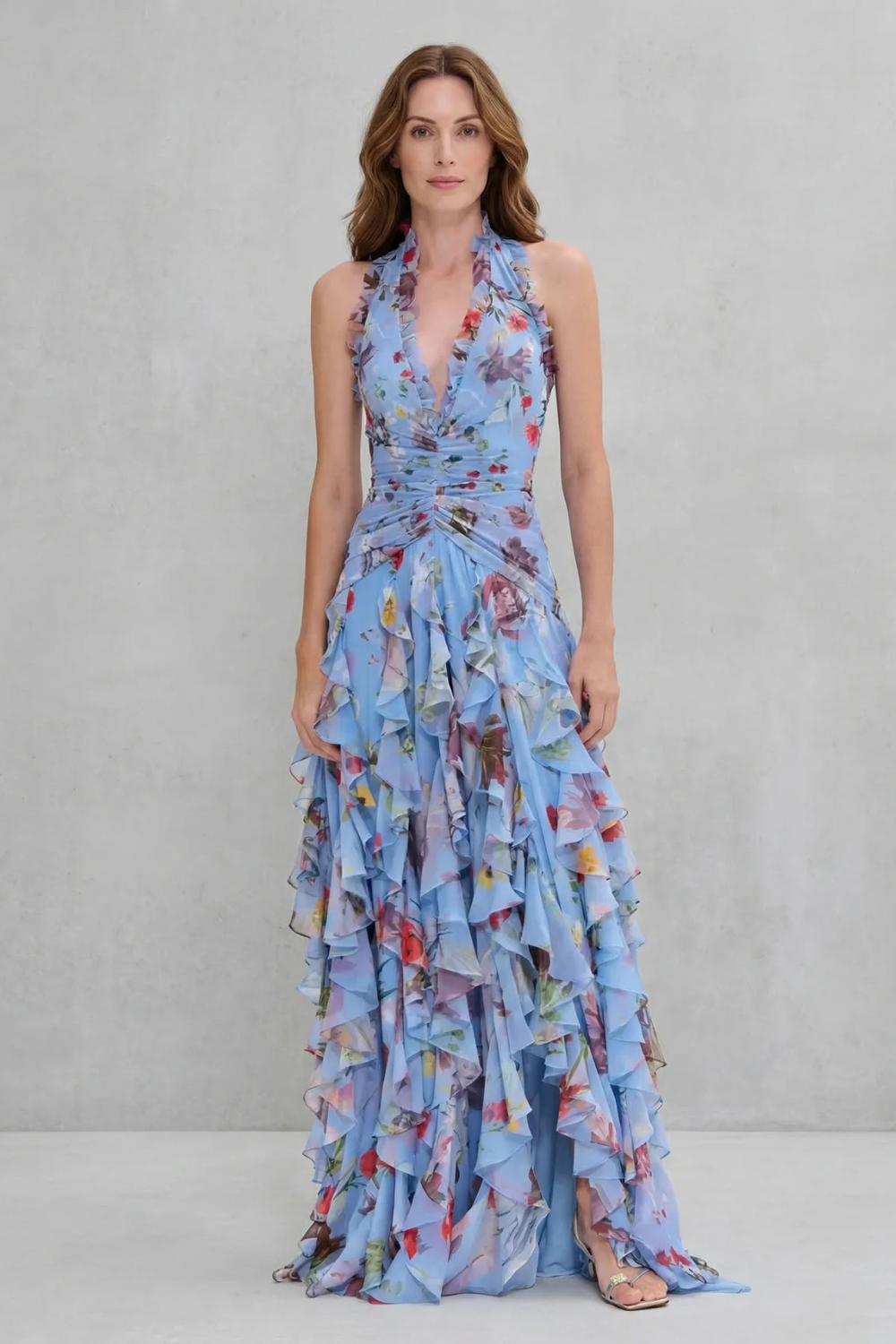 Vestido largo halter de flores de mujer con cintura fruncida y falda de volantes