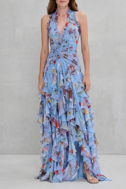 Vestido largo halter de flores de mujer con cintura fruncida y falda de volantes