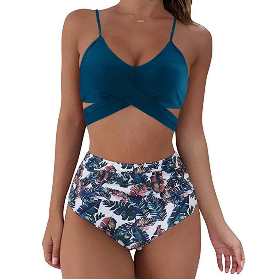 Women's high-waisted floral bikini with wrap top and ruched briefs