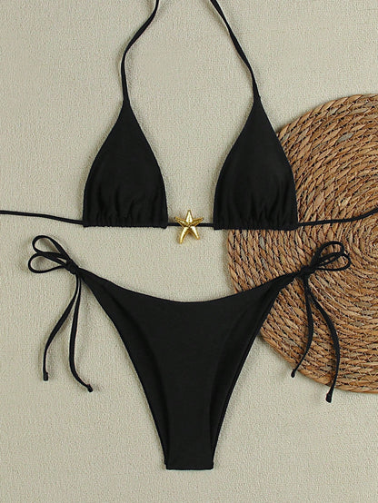 Women's triangle bikini set with tie-side briefs and gold starfish charm