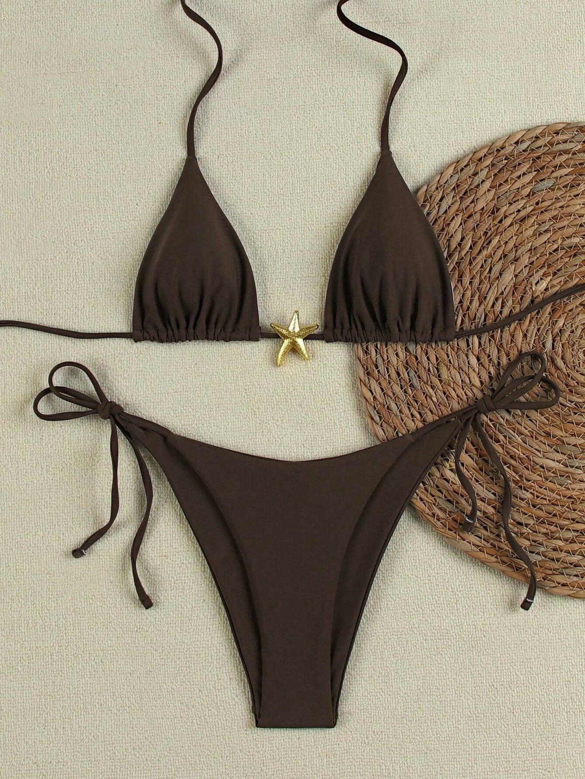 Women's triangle bikini set with tie-side briefs and gold starfish charm