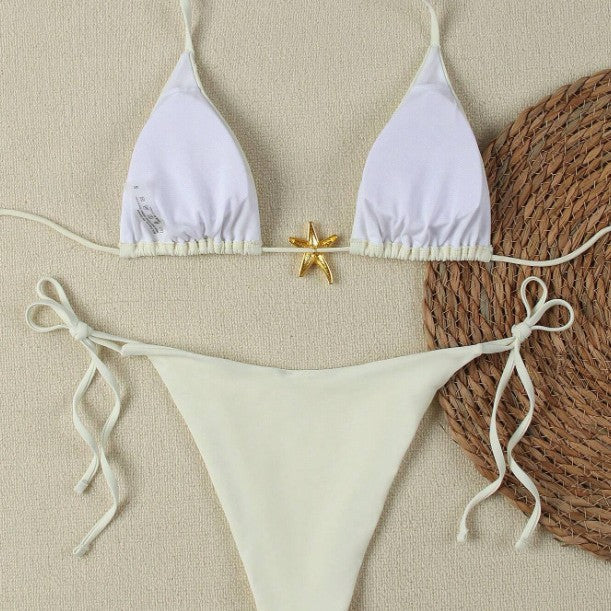 Women's triangle bikini set with tie-side briefs and gold starfish charm