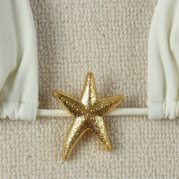 Women's triangle bikini set with tie-side briefs and gold starfish charm