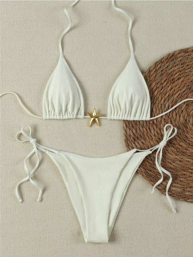 Women's triangle bikini set with tie-side briefs and gold starfish charm