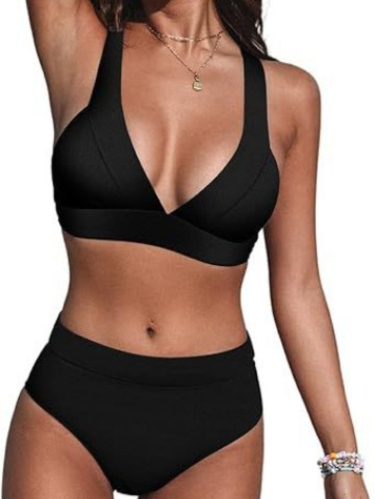 Women's high-waisted bikini set with V-neck bralette top and matching briefs