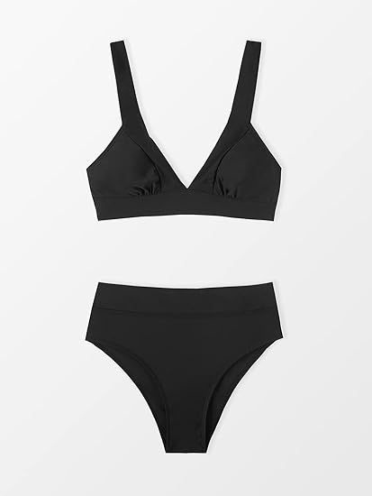 Women's high-waisted bikini set with V-neck bralette top and matching briefs