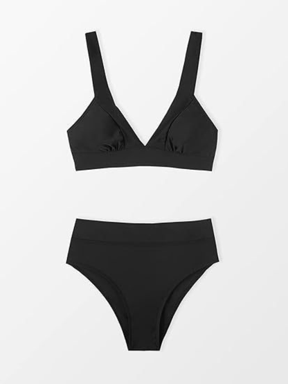 Women's high-waisted bikini set with V-neck bralette top and matching briefs