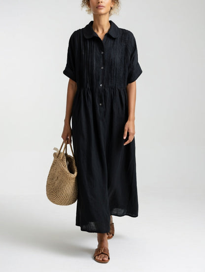 Women's shirt midi dress with rounded collar, short sleeves and gathered waist