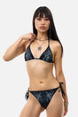 Black abstract patterned triangle bikini top with spaghetti straps and tie fastenings