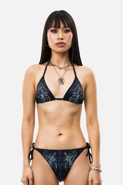 Black abstract patterned triangle bikini top with spaghetti straps and tie fastenings
