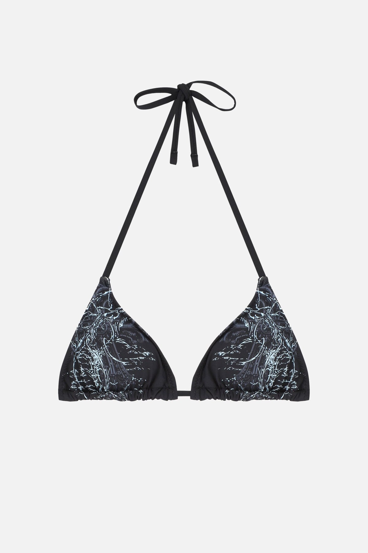 Black abstract patterned triangle bikini top with spaghetti straps and tie fastenings
