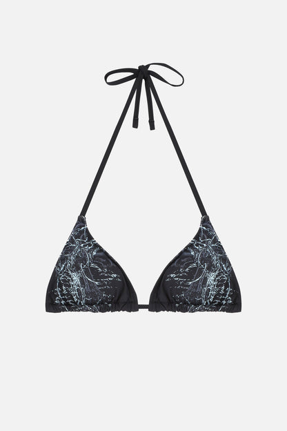 Black abstract patterned triangle bikini top with spaghetti straps and tie fastenings