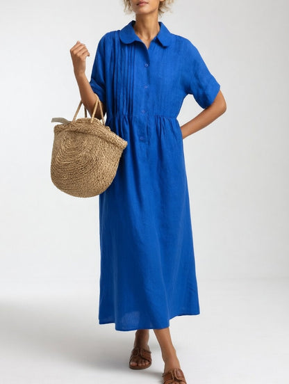 Women's shirt midi dress with rounded collar, short sleeves and gathered waist