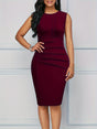Women's sleeveless bodycon knee-length dress with crew neckline and ruched waist