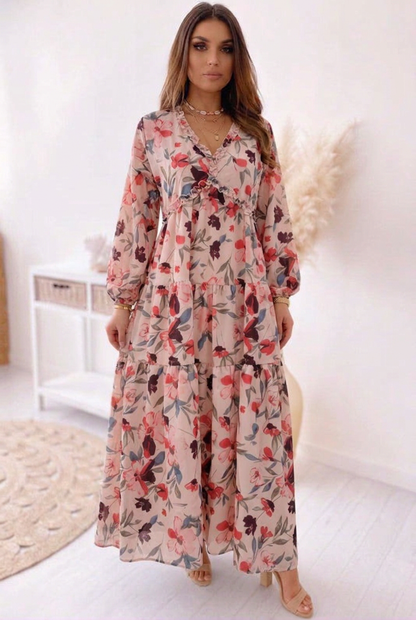 Women's floral tiered maxi dress with V-neckline and long sleeves