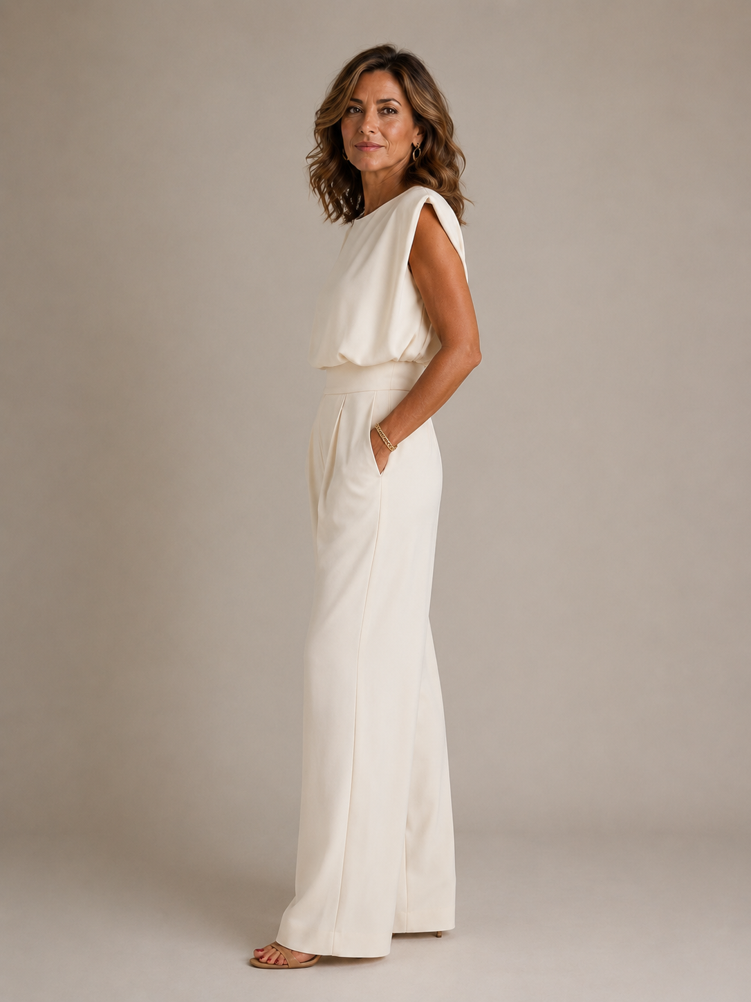Women's sleeveless wide-leg jumpsuit with pleated high waist and side pockets