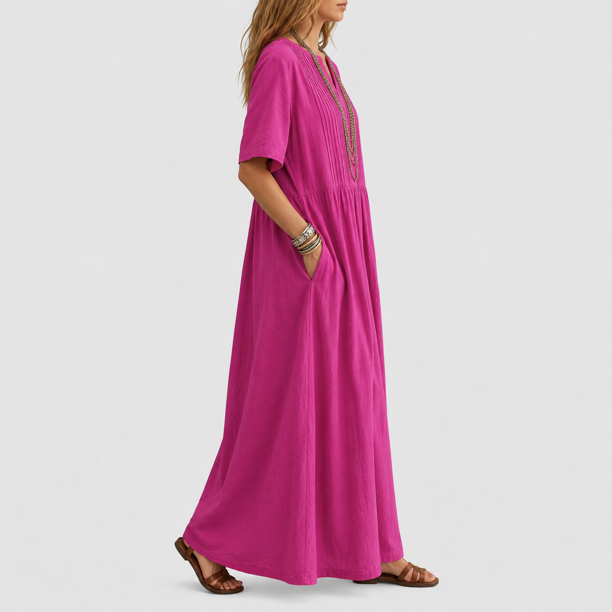 Vestido largo de mujer con escote en V, manga corta y pinzas