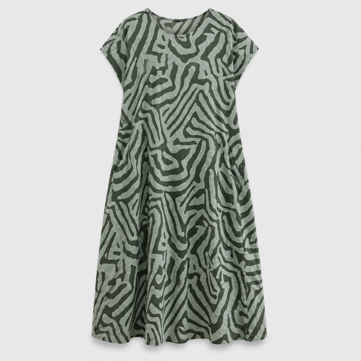 Women's abstract print midi dress with short sleeves and side pockets