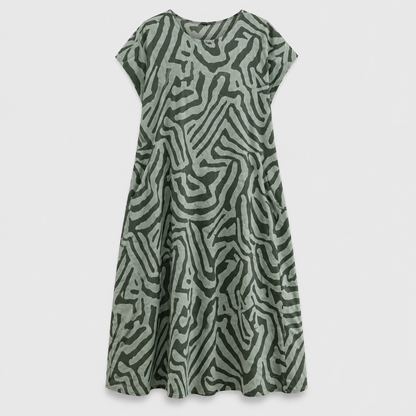 Women's abstract print midi dress with short sleeves and side pockets