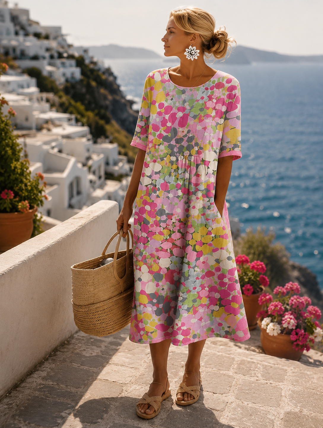 Women's floral midi dress with round neckline and short sleeves