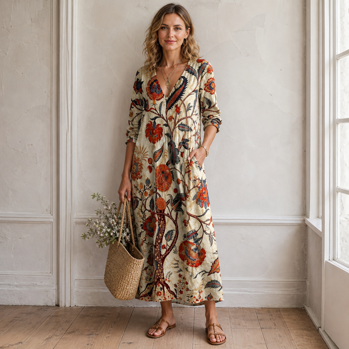 Women's multicoloured floral midi dress with V-neckline and long sleeves
