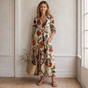 Women's multicoloured floral midi dress with V-neckline and long sleeves