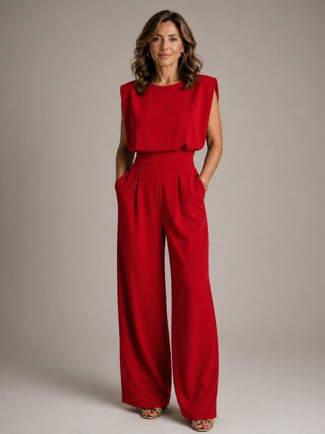 Women's sleeveless wide-leg jumpsuit with pleated high waist and side pockets