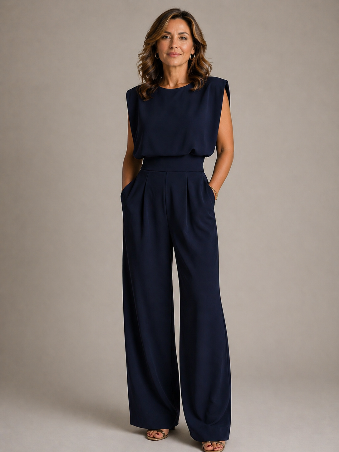 Women's sleeveless wide-leg jumpsuit with pleated high waist and side pockets