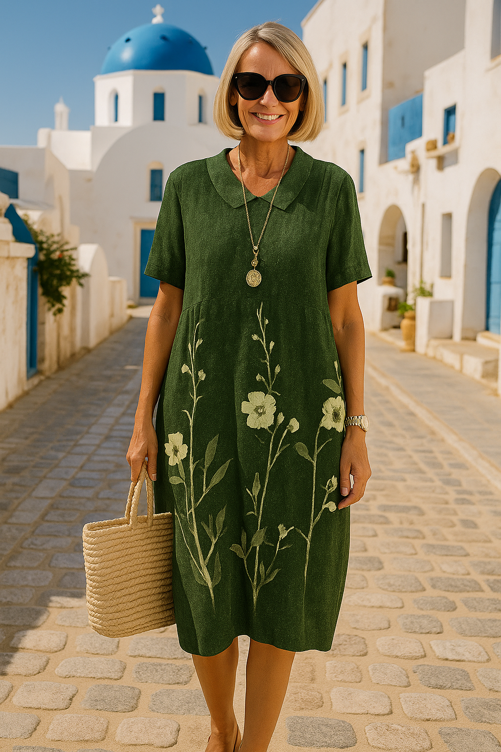 Women's floral V-neck knee dress with short sleeves