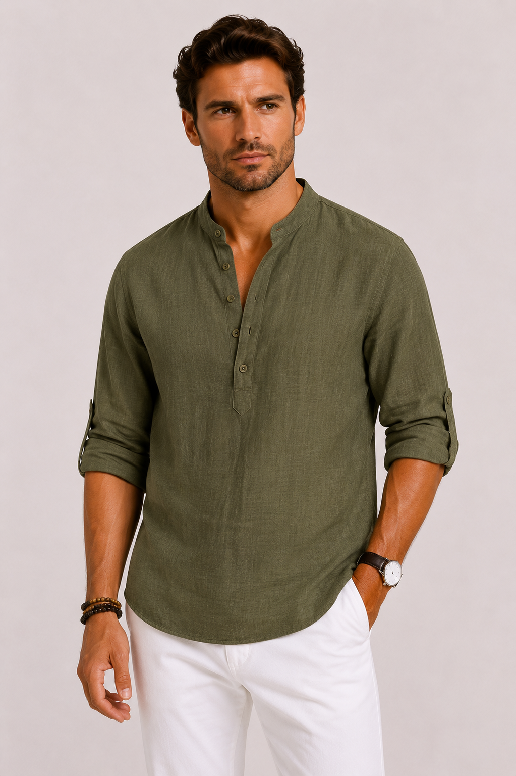 Men's textured Mandarin collar shirt with long sleeves and button front