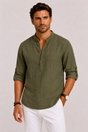Men's textured Mandarin collar shirt with long sleeves and button front