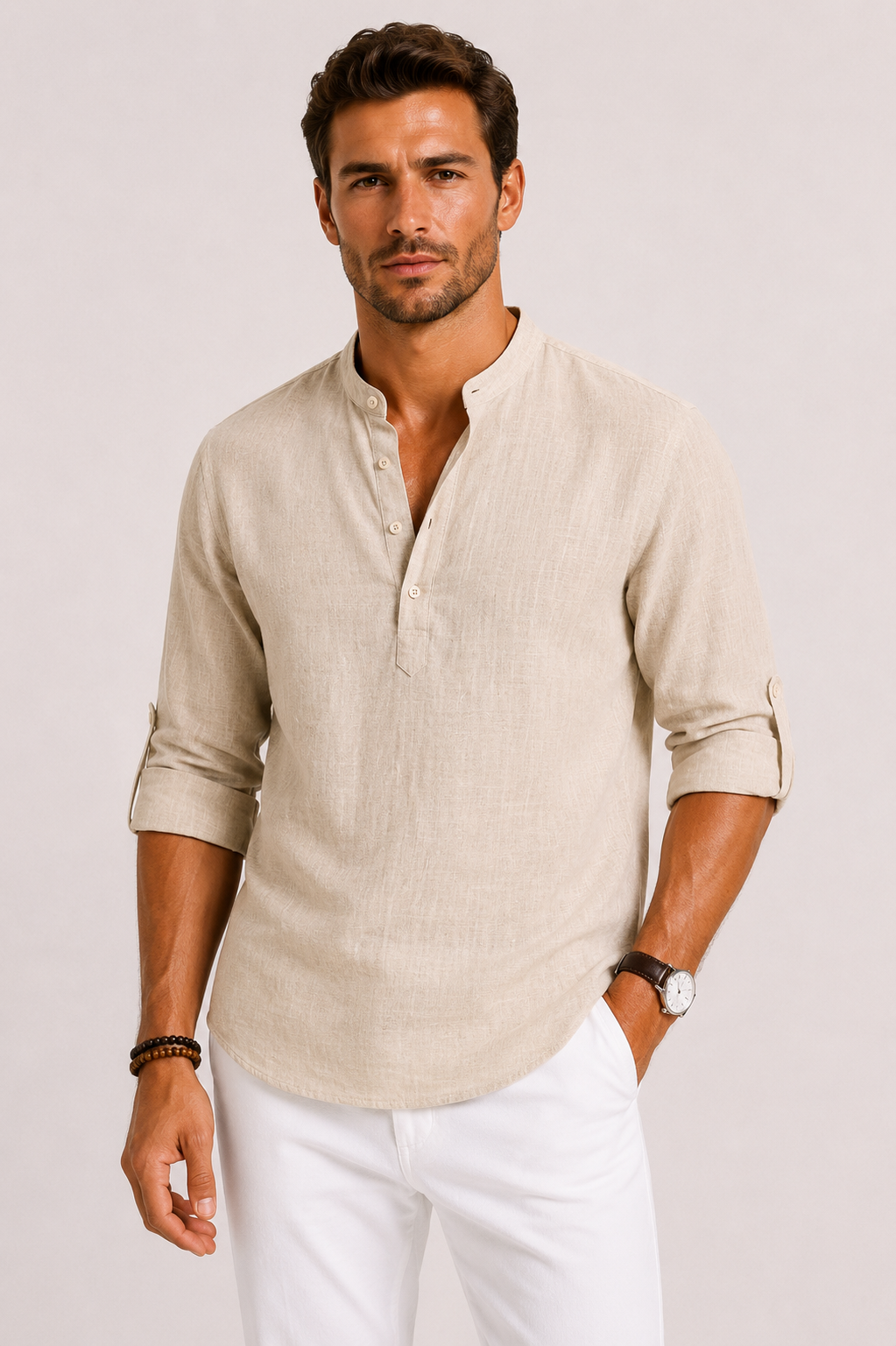 Men's textured Mandarin collar shirt with long sleeves and button front