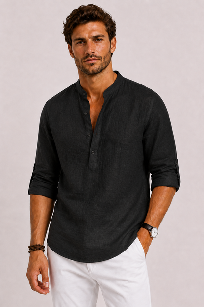 Men's textured Mandarin collar shirt with long sleeves and button front