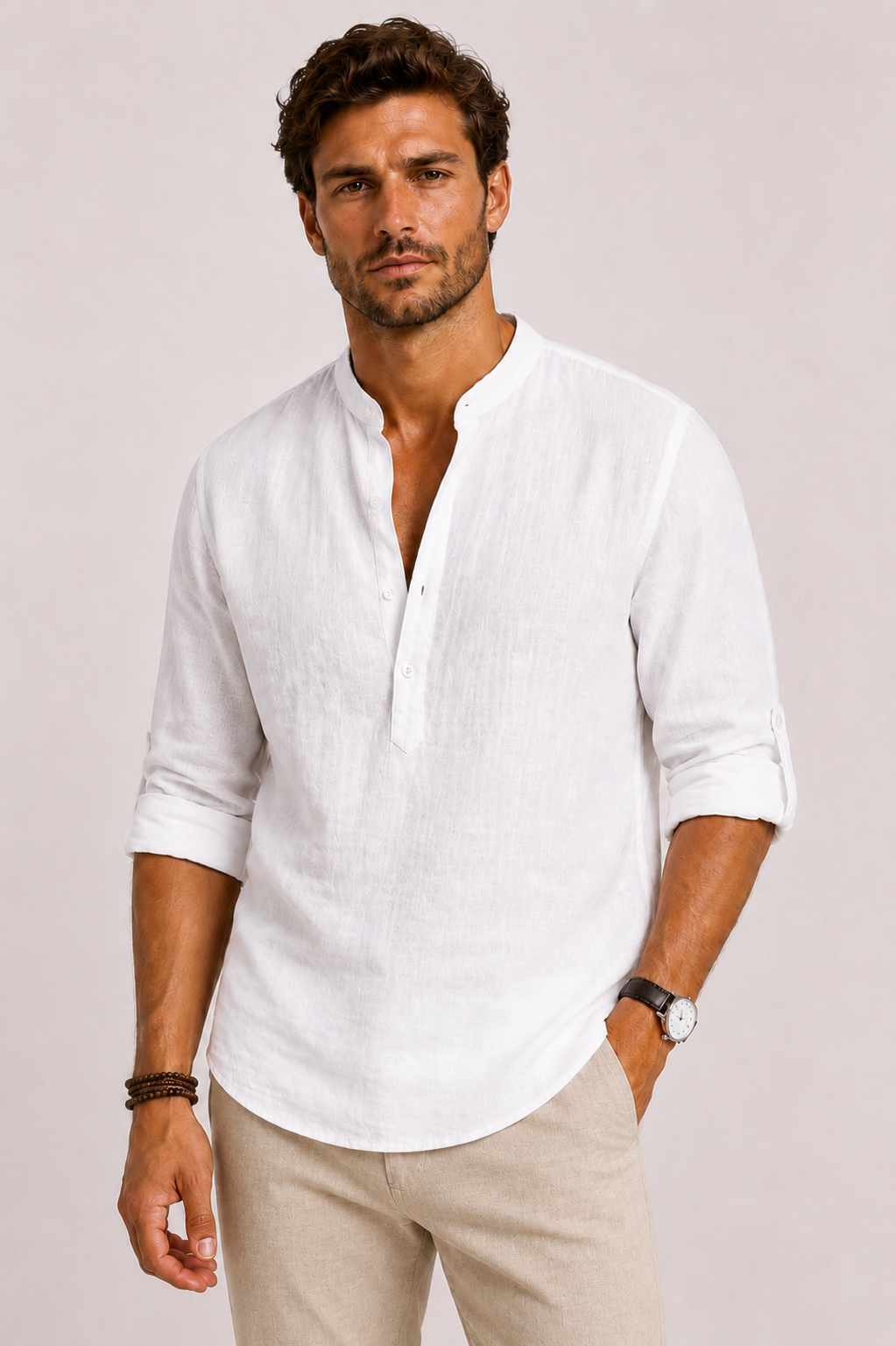 Men's textured Mandarin collar shirt with long sleeves and button front