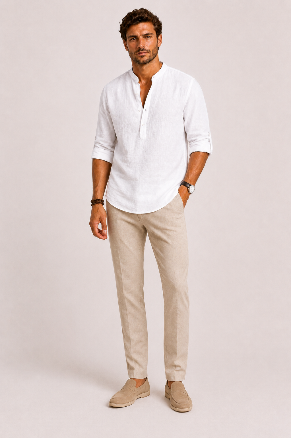 Men's textured Mandarin collar shirt with long sleeves and button front