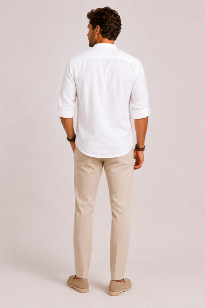 Men's textured Mandarin collar shirt with long sleeves and button front