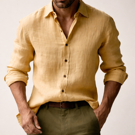 Men's long sleeve collared shirt with button front and curved hem