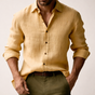 Men's long sleeve collared shirt with button front and curved hem